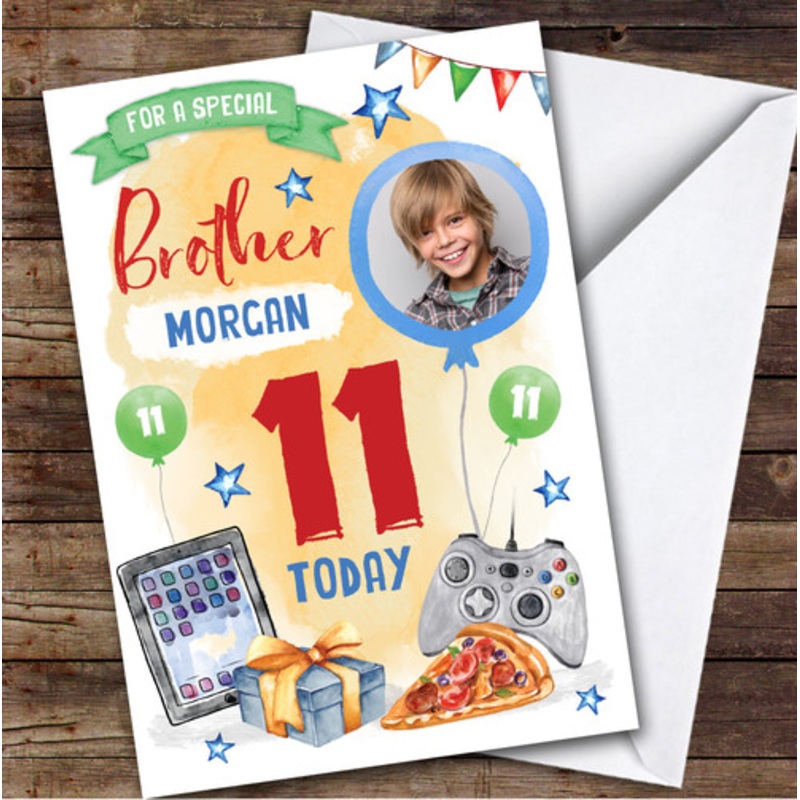 Boy’s Gaming Online Tech Pizza Photo Brother 11th Birthday Personalised Card – The Card Zoo