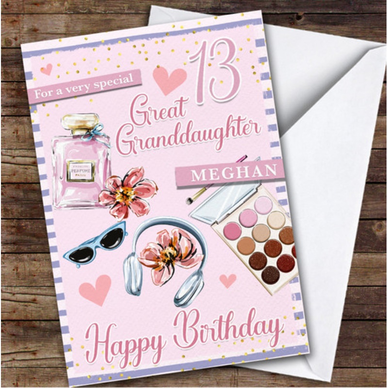 13th Great Granddaughter Pink Makeup Teenager Custom Personalised Birthday Card – The Card Zoo