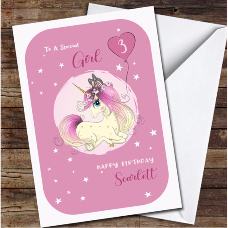 3rd Girl Cute Unicorn With Heart Balloon And Stars Any Age Birthday Card – The Card Zoo