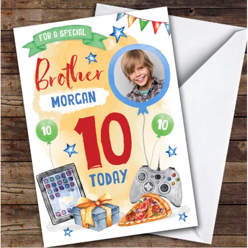 Boy’s Gaming Online Tech Pizza Photo Brother 10th Birthday Personalised Card – The Card Zoo