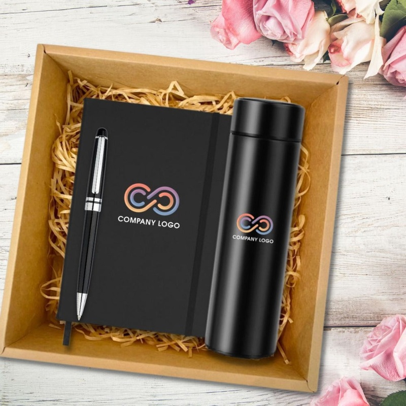 [Corporate Gift] – Customized Smart Temperature Vacuum Flask, PU Journal & Pen Set [with Company Logo] | (West Malaysia Delivery Only)