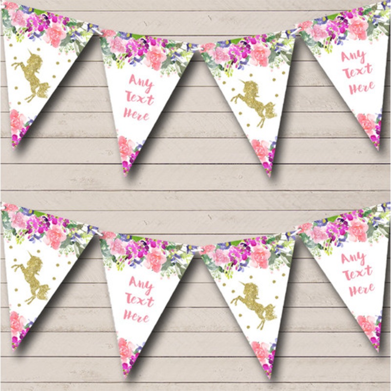 Floral Gold Unicorn Personalised Children’s Party Bunting – The Card Zoo