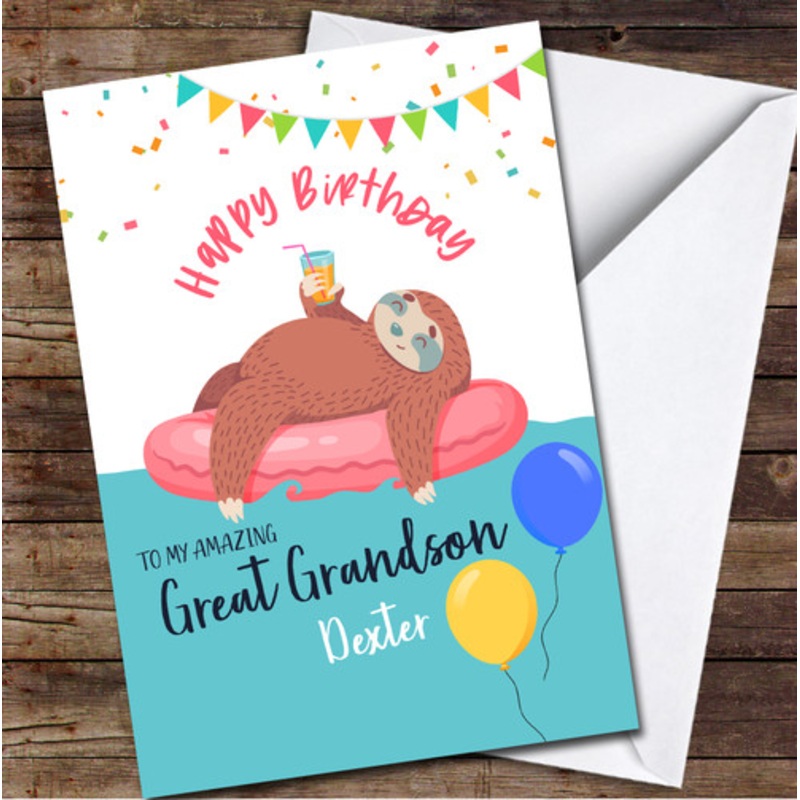 Great Grandson Sloth In Inflatable Tube With Cocktail Any Text Birthday Card – The Card Zoo
