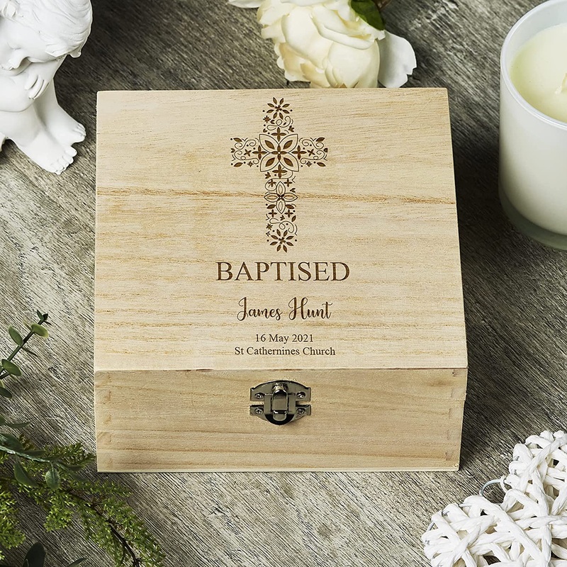 Personalised Baptism Keepsake Box With Floral Cross Design