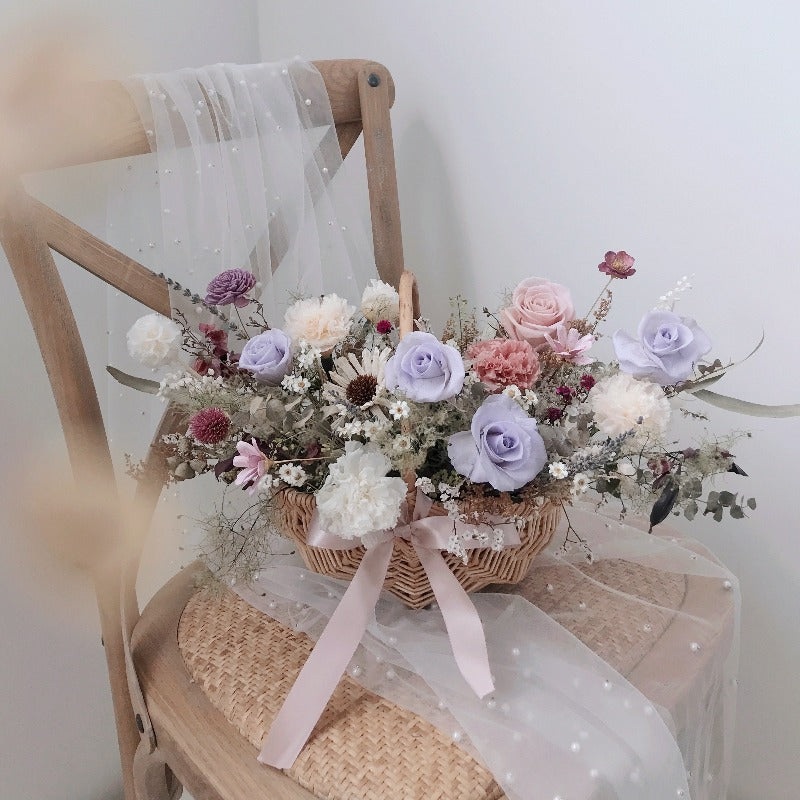 The Little House | Preserved Flowers in Garden Style Basket | Purple (Johor Delivery Only)