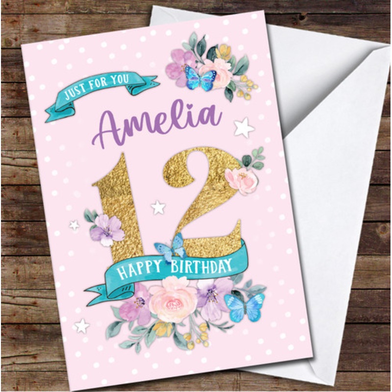 12th Girl Female Flowers Butterfly Pink Any Age Personalised Birthday Card – The Card Zoo