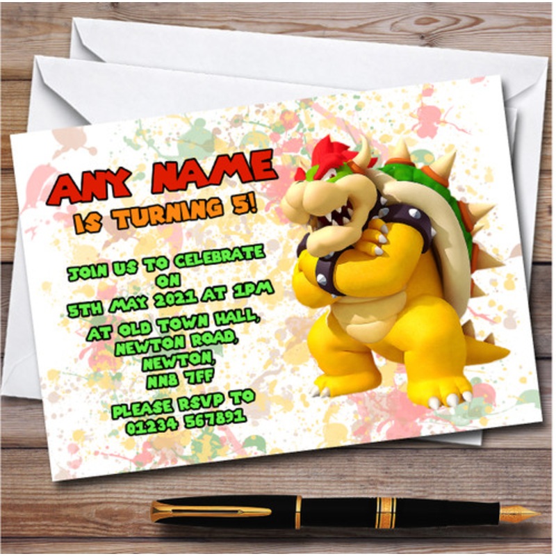Bowser Super Mario Bros Splatter Art Children’s Birthday Party Invitations – The Card Zoo