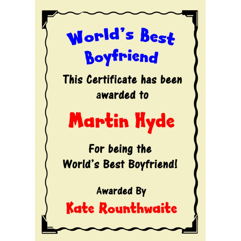 Boyfriend Best In The World Award Personalised Certificate – The Card Zoo