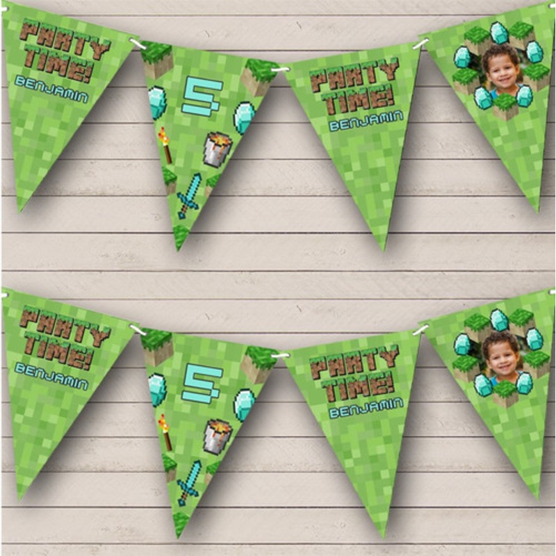 Kid’s Birthday Minecraft Game Theme Age Photo Personalised Party Banner Bunting – The Card Zoo