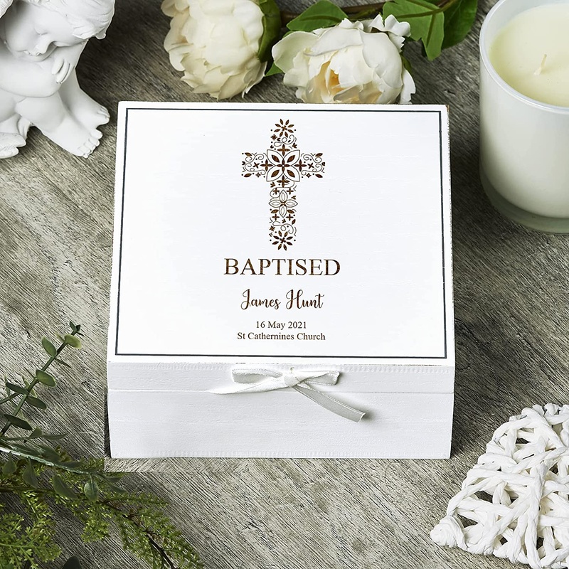 Personalised Baptism White Keepsake Box With Floral Cross Design