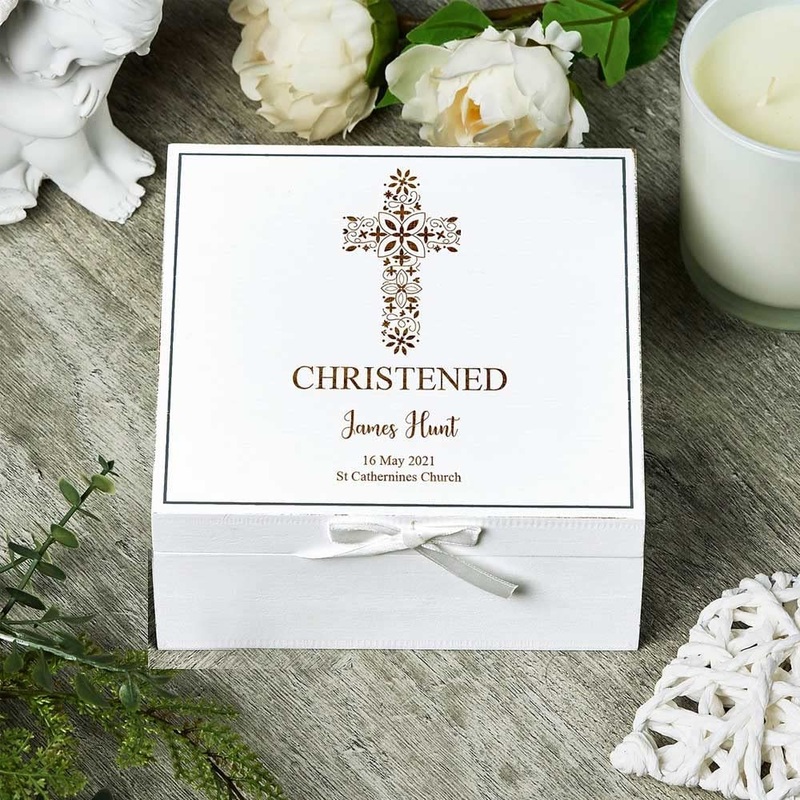 Personalised Christening White Keepsake Box With Floral Cross Design