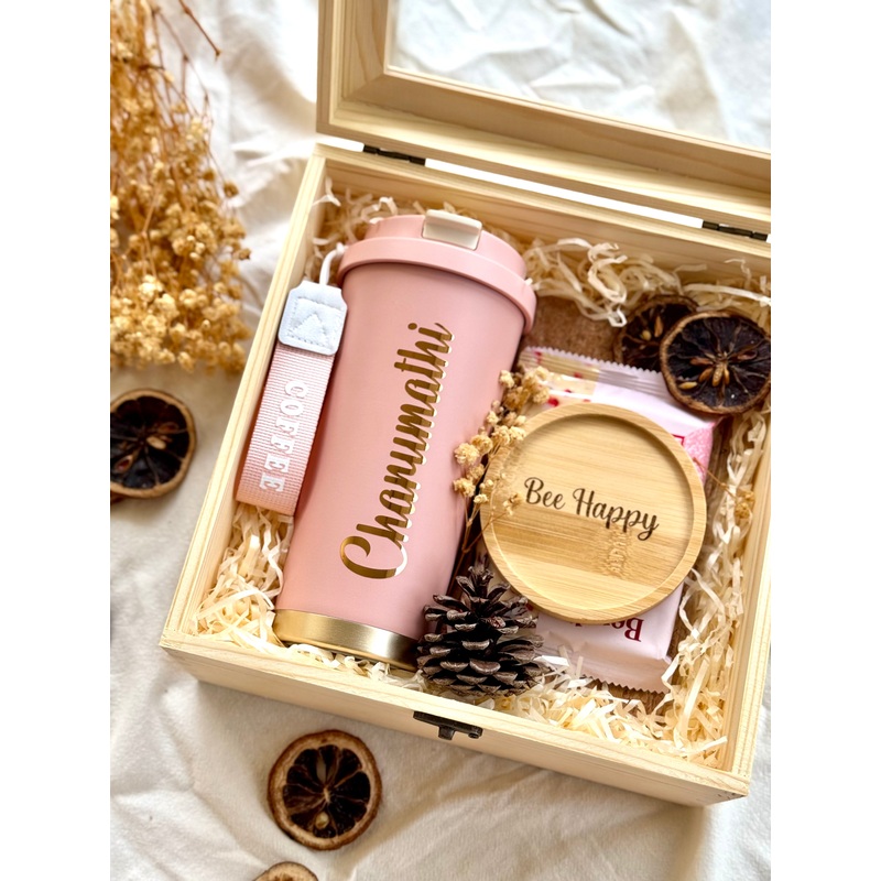 Rosy Winter Treasures | Customizable Wooden Box, Thermos, Chocolate, Notebook & Coaster (Nationwide Delivery)