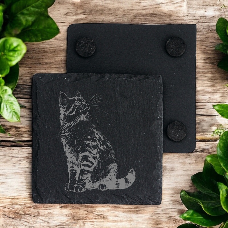 Set of 2 Cat Engraved Slate Stone Drink Coasters