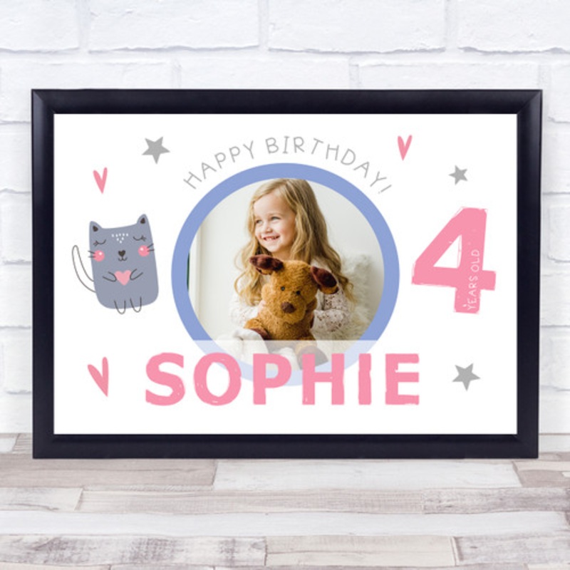4th Birthday Girl Pink Cute Cat Photo Personalised Gift Art Print – The Card Zoo