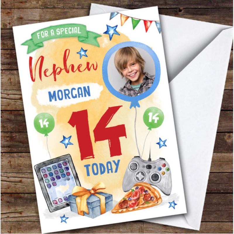 Boy’s Gaming Online Tech Pizza Photo Nephew 14th Birthday Personalised Card – The Card Zoo