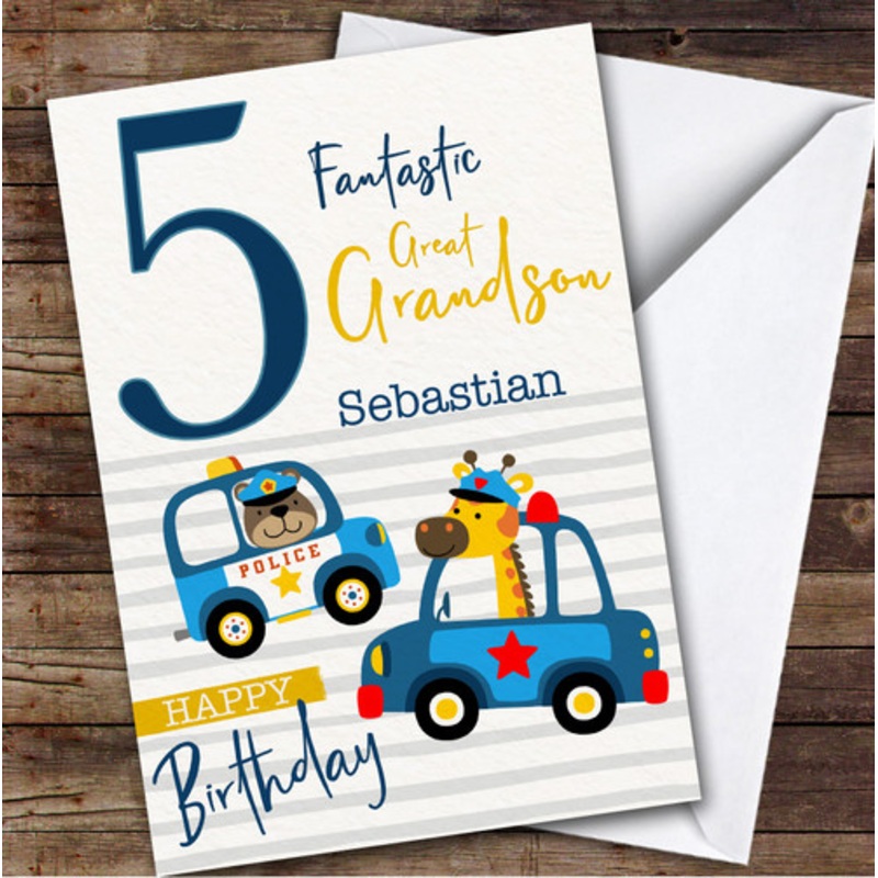 Great Grandson 5th Animal Police Cars Boys Custom Personalised Birthday Card – The Card Zoo