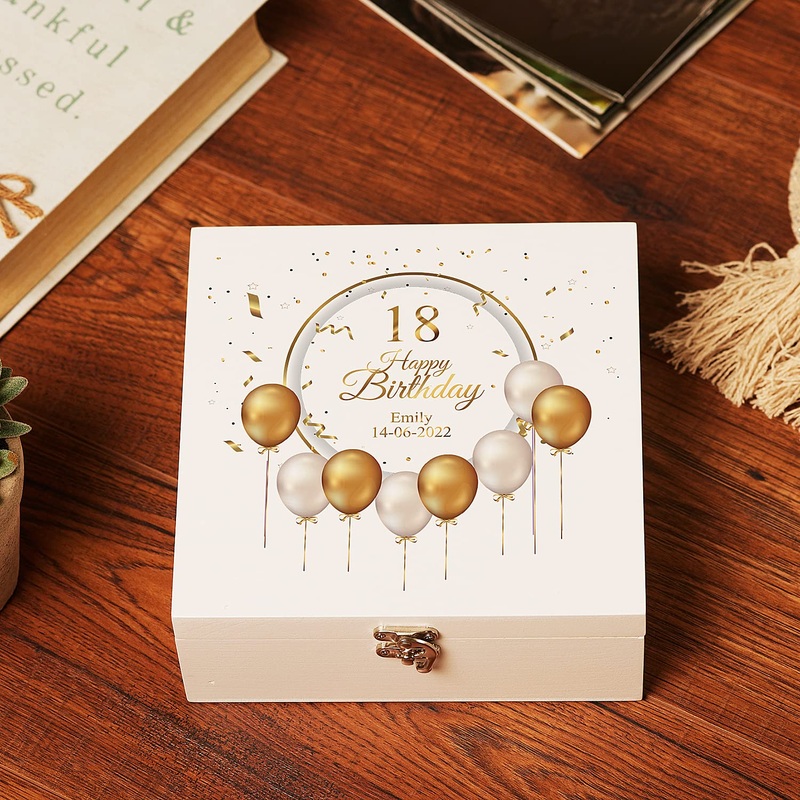 Personalised 18th Birthday Wooden Box Gift With Golden Balloons