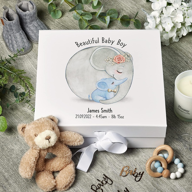 Personalised Beautiful Baby Boy Memory Keepsake Box With Elephants