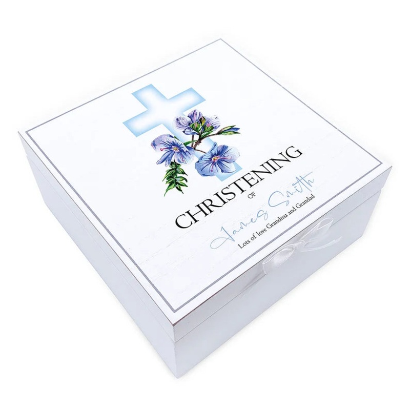 Personalised Christening Vintage Wooden Box With Blue Cross