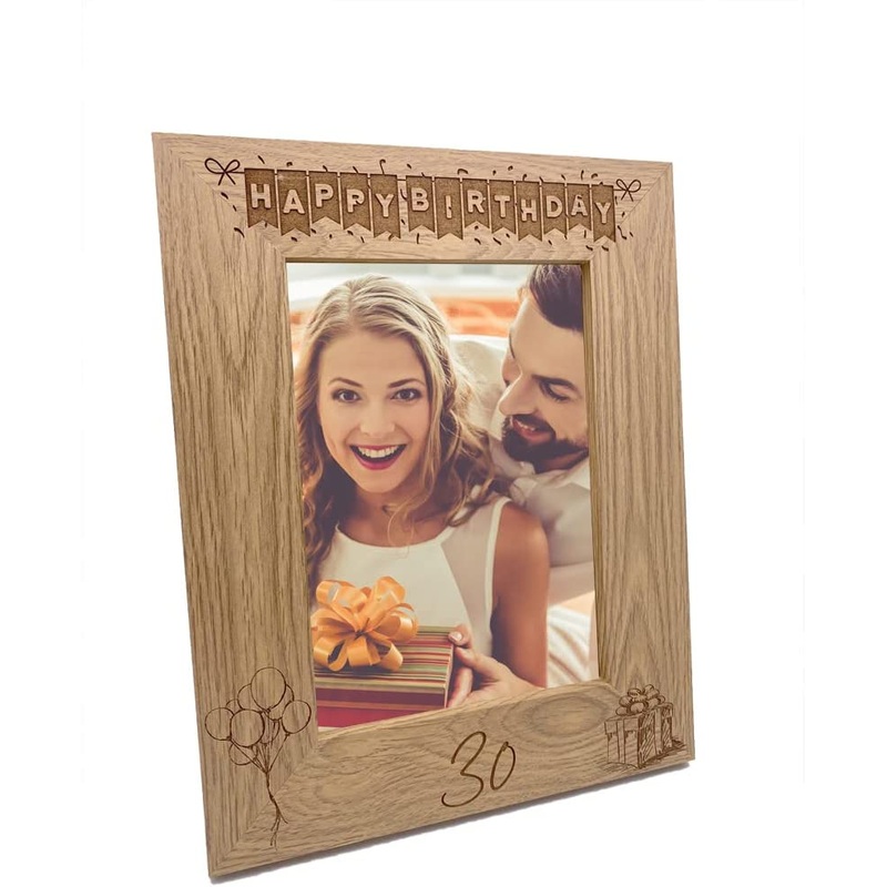 30th Birthday Photo Frame Portrait Wooden Engraved Bunting Style Gift