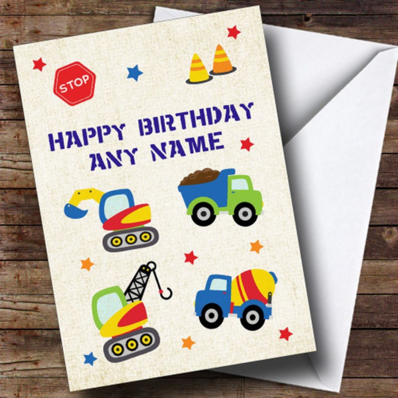 Digger Trucks Construction Cute Personalised Children’s Birthday Card – The Card Zoo