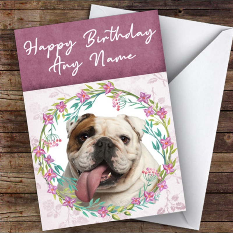 English Bulldog Dog Pink Floral Animal Personalised Birthday Card – The Card Zoo