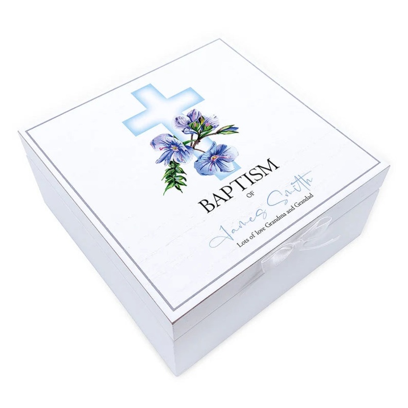 Personalised Baptism Vintage Wooden Box With Blue Cross