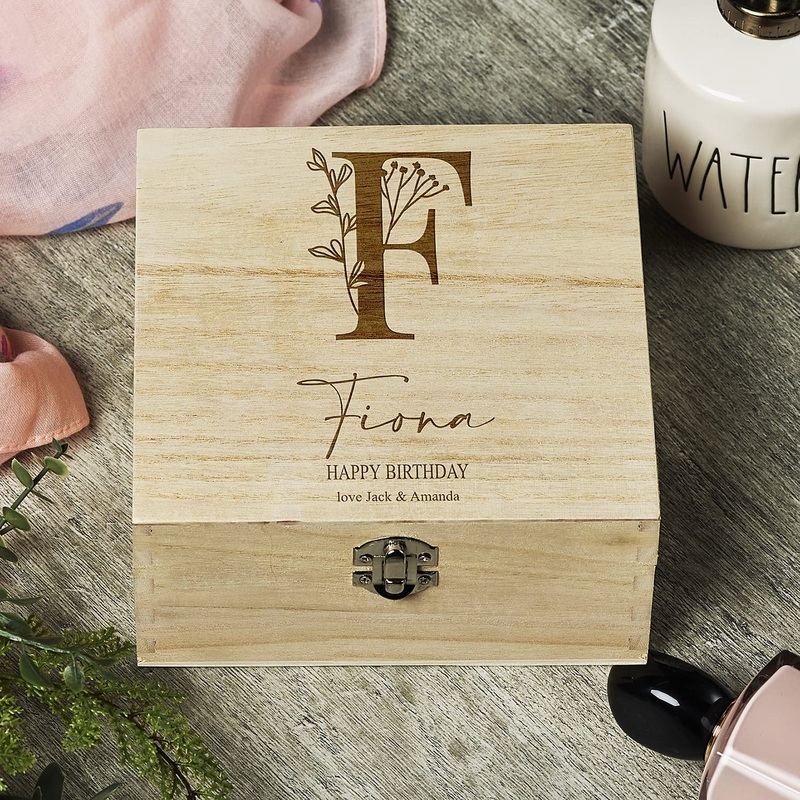 Personalised Wooden Keepsake Memory Box Engraved With Floral Alphabet