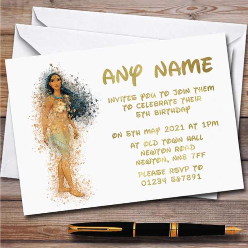 Pocahontas Watercolour Splatter Children’s Birthday Party Invitations – The Card Zoo