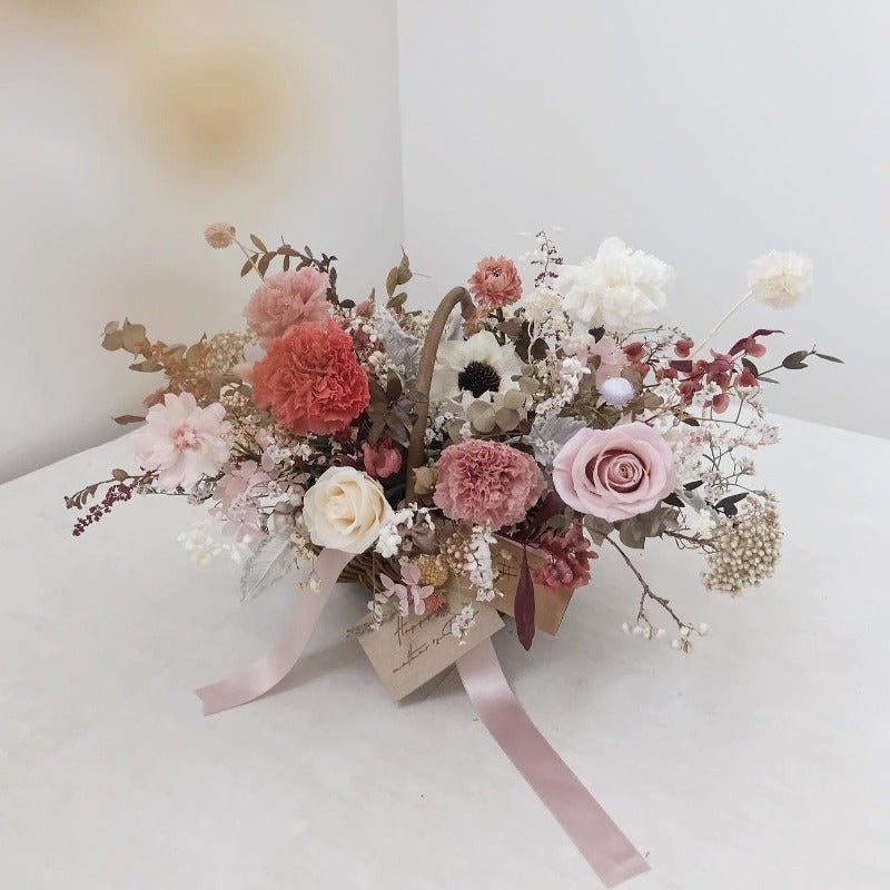 The Little House | Preserved Flowers in Garden Style Basket | Pink (Johor Delivery Only)