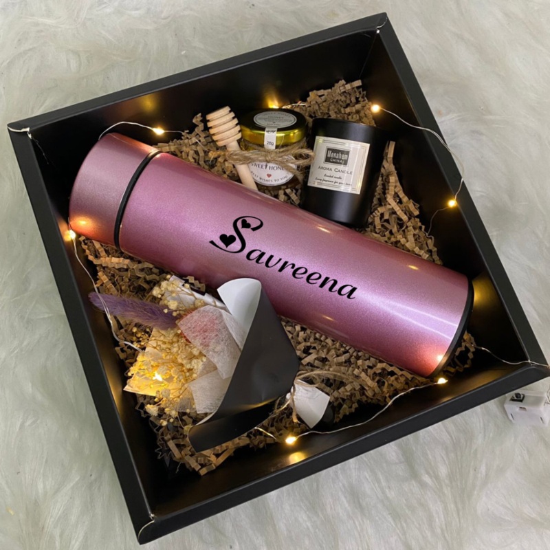 Warm & Cozy Personalised Thermal Flask Bottle With Scented candle cup, Pure Honey, Korean Style Mini Preserved Flowers Bouquet Gift Box Set (Nationwide Delivery)