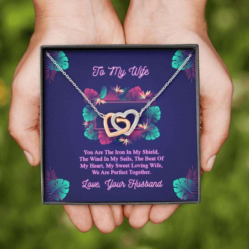 Wife Necklace, To My Wife Necklace, You Are The Iron Is My Shield, Intertwined Pair Of Hearts Necklace Message Card Gift