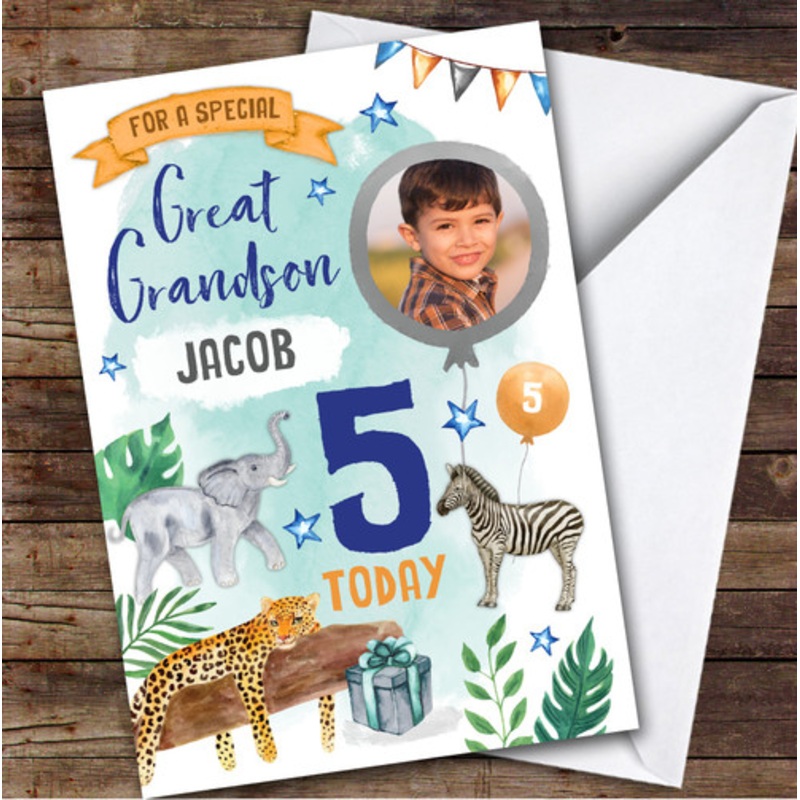 Animal Jungle Wild Photo Great Grandson 5th Boys Personalised Birthday Card – The Card Zoo