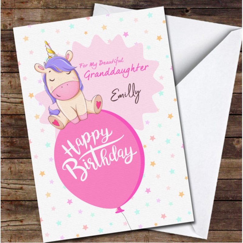 Granddaughter Unicorn Sitting On Balloon Pink Stars Personalised Birthday Card – The Card Zoo