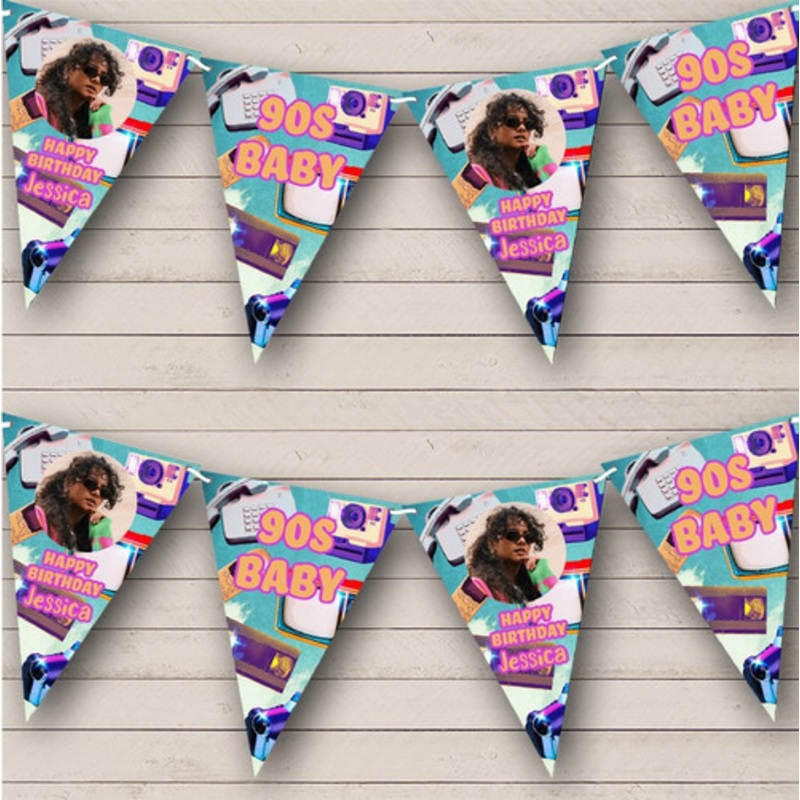 Nostalgia 90’S Theme Electronics Birthday Photo Personalised Banner Bunting – The Card Zoo