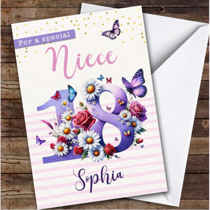 18th Niece Purple Floral Butterflies Teenager Custom Personalised Birthday Card – The Card Zoo