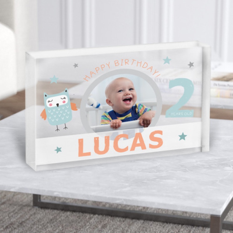 2nd Birthday Boy Cute Owl Photo Personalised Gift Acrylic Block – The Card Zoo