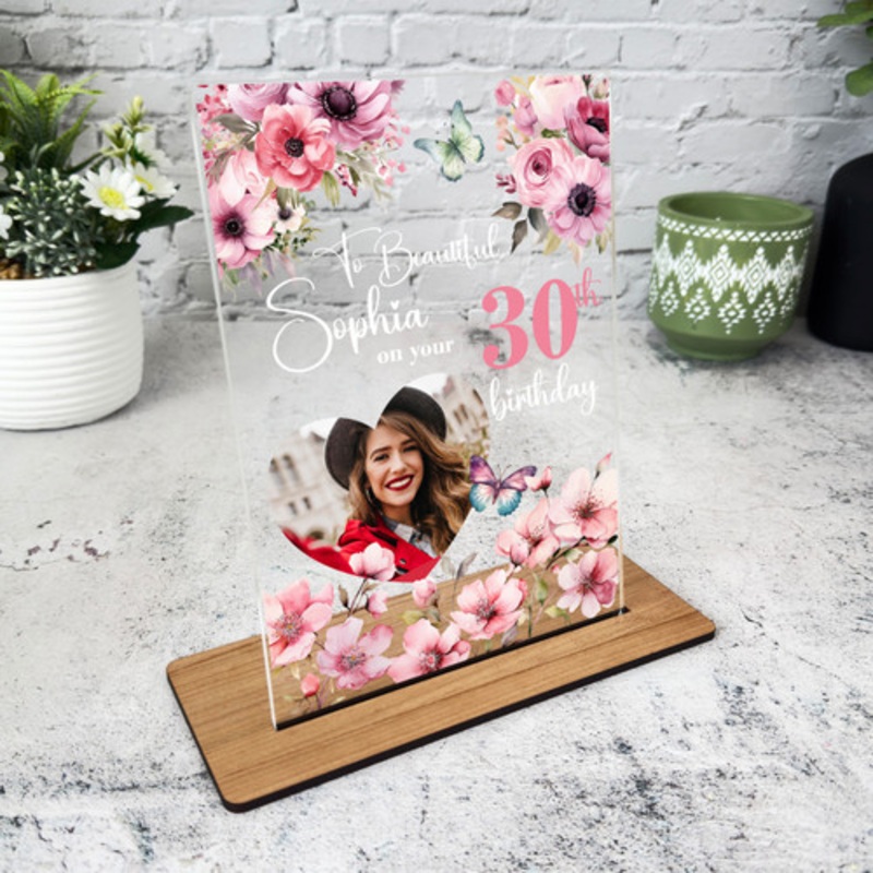 30th Birthday Gift For Her Pink Floral Heart Photo Personalised Gift Plaque – The Card Zoo