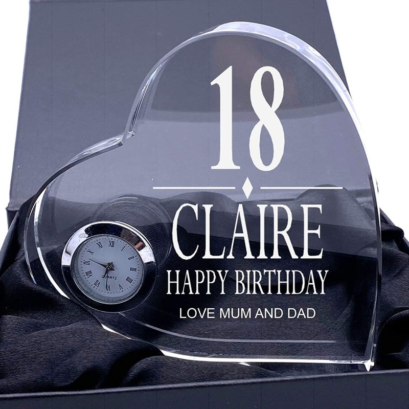 Engraved Heart Crystal Glass Clock Any Birthday Gift 18th, 21st, 30th, 40th, 50th, 60th, 70th, 80th, 90th