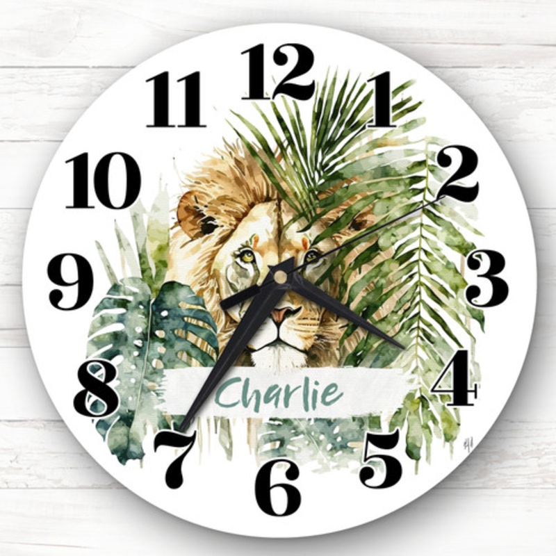 Lion Jungle Wild Green Leaves Personalised Gift Personalised Clock – The Card Zoo