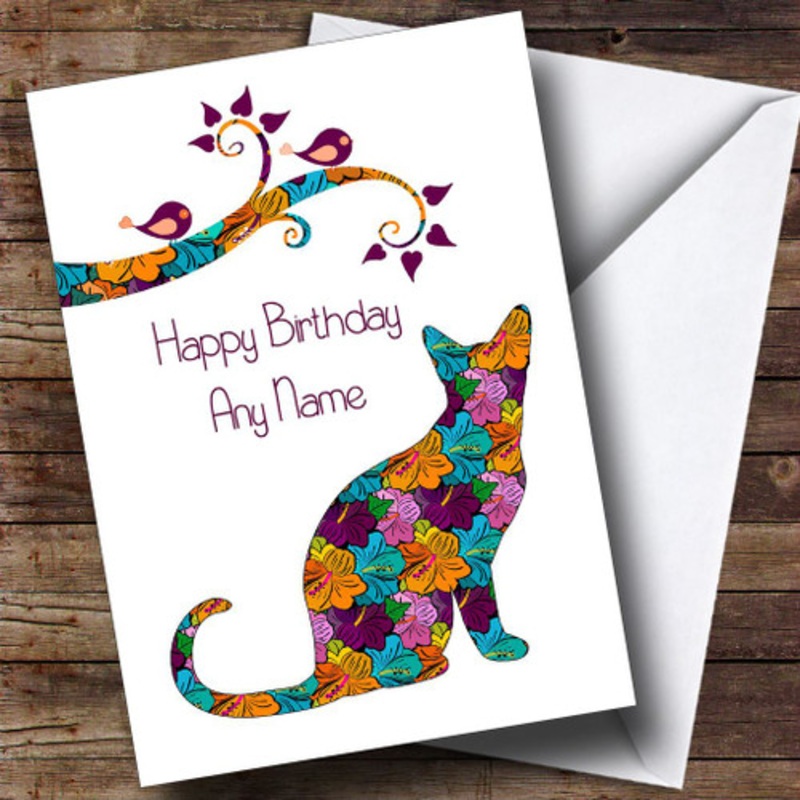Orange and Purple Floral Cat Personalised Birthday Card – The Card Zoo