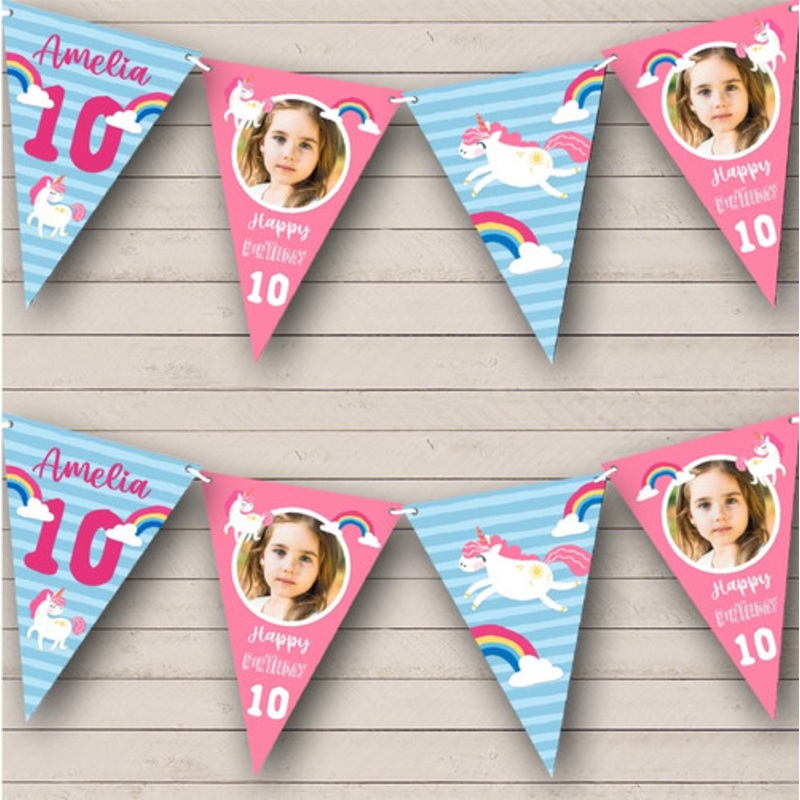 10th Birthday Girl Kids Unicorn Rainbow Pink Photo Any Age Personalised Bunting – The Card Zoo