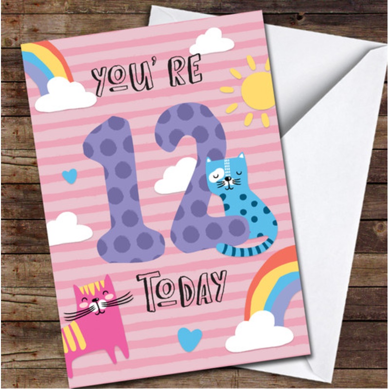 12th You’re 12 Today Girl Cat Kitty 12th Any Age Personalised Birthday Card – The Card Zoo
