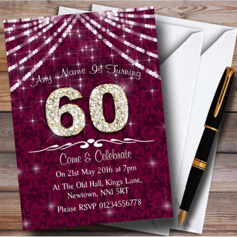 60th Cranberry and White Bling Sparkle Birthday Party Personalised Invitations – The Card Zoo