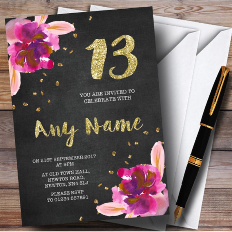 Chalk Gold Confetti Pink Flowers 13th Personalised Birthday Party Invitations – The Card Zoo