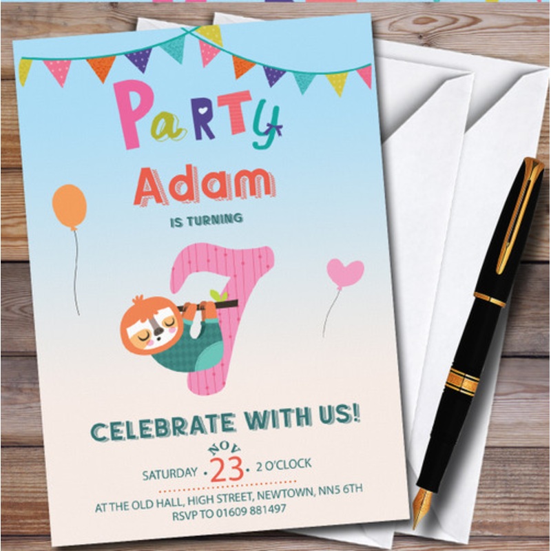 Cute Sloth 7th Personalised Children’s Kids Birthday Party Invitations – The Card Zoo