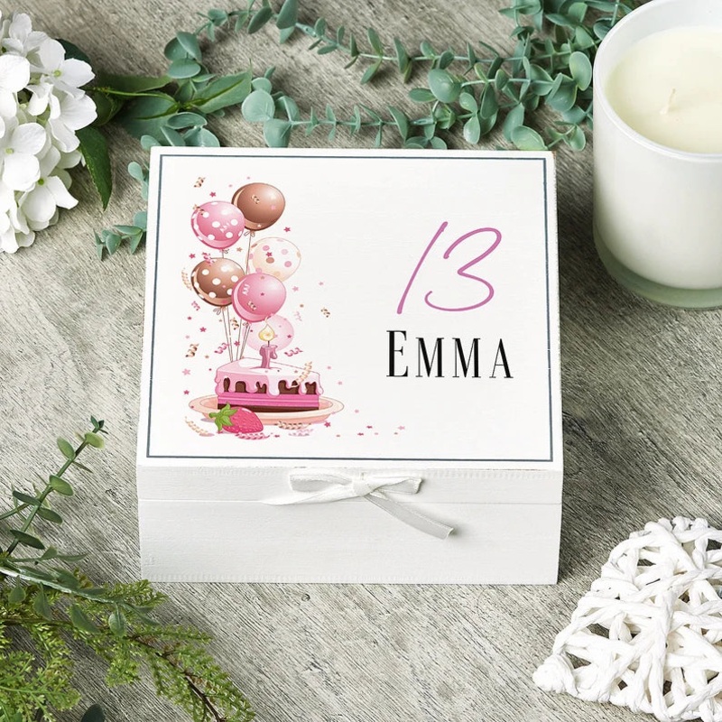 Personalised 13th Birthday Vintage Wooden Box Keepsake Gift With Cake
