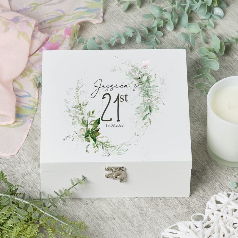 Personalised 21st Birthday Keepsake Wooden Box Gift With Botanical Design