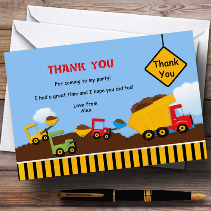 Construction Digger Personalised Birthday Party Thank You Cards – The Card Zoo