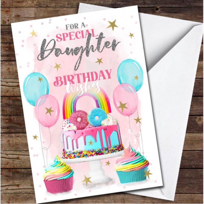 Daughter Birthday Rainbow Cake Party Pink Blue Balloons Personalised Card – The Card Zoo